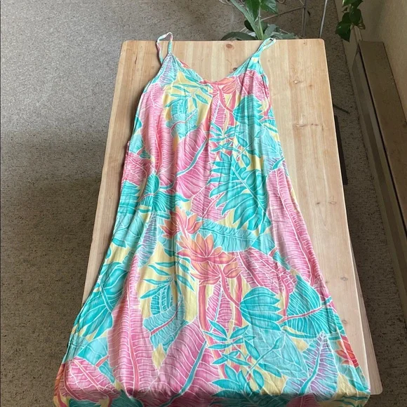 Kenny Flowers Beach Resort Tropical Print Maxi Slip Dress in Pink, Teal & Yellow - Picture 8 of 16